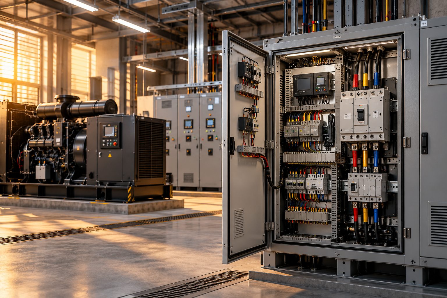 Diesel generator alongside an open control panel with an AMF/ATS controller