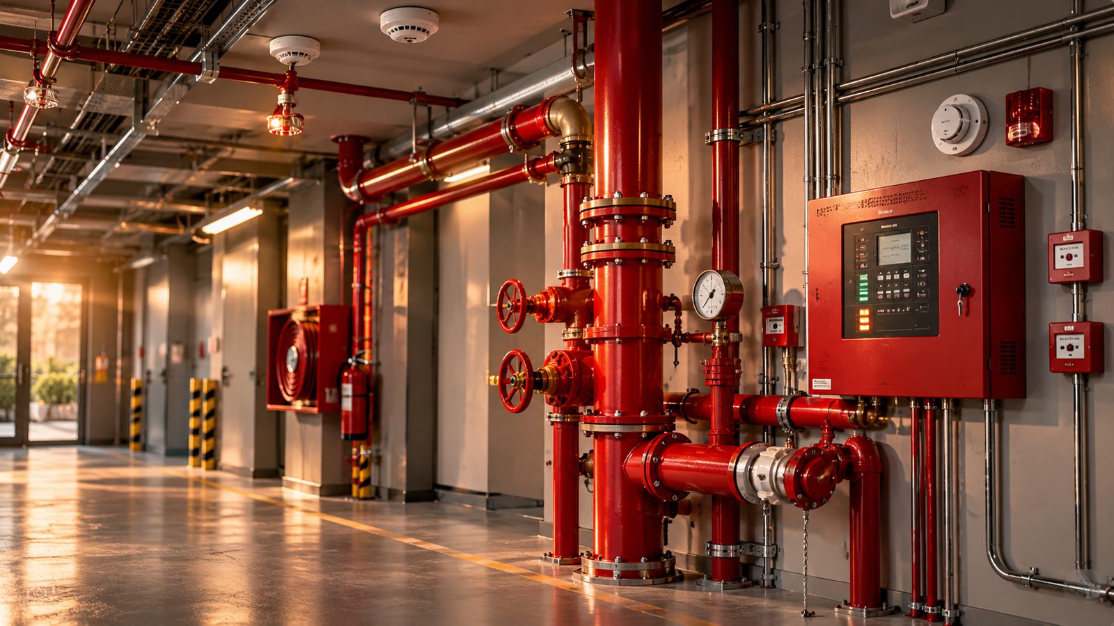 Fire hydrant pipework, valves, and fire alarm control panel in a building corridor
