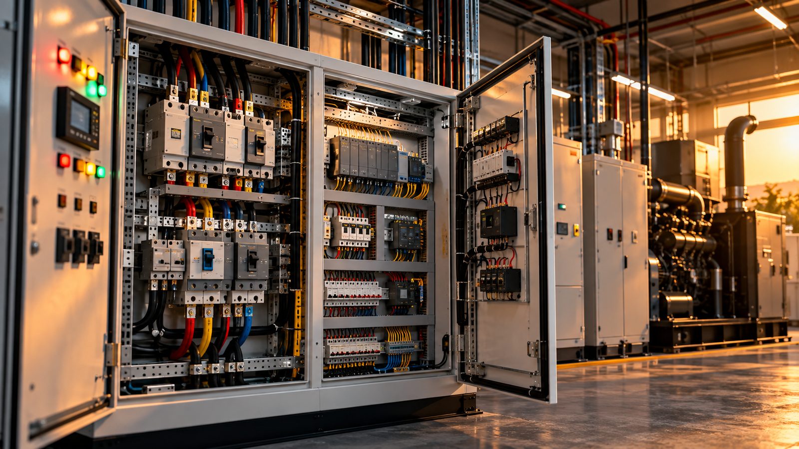 Open LT distribution panel with breakers and color-coded wiring