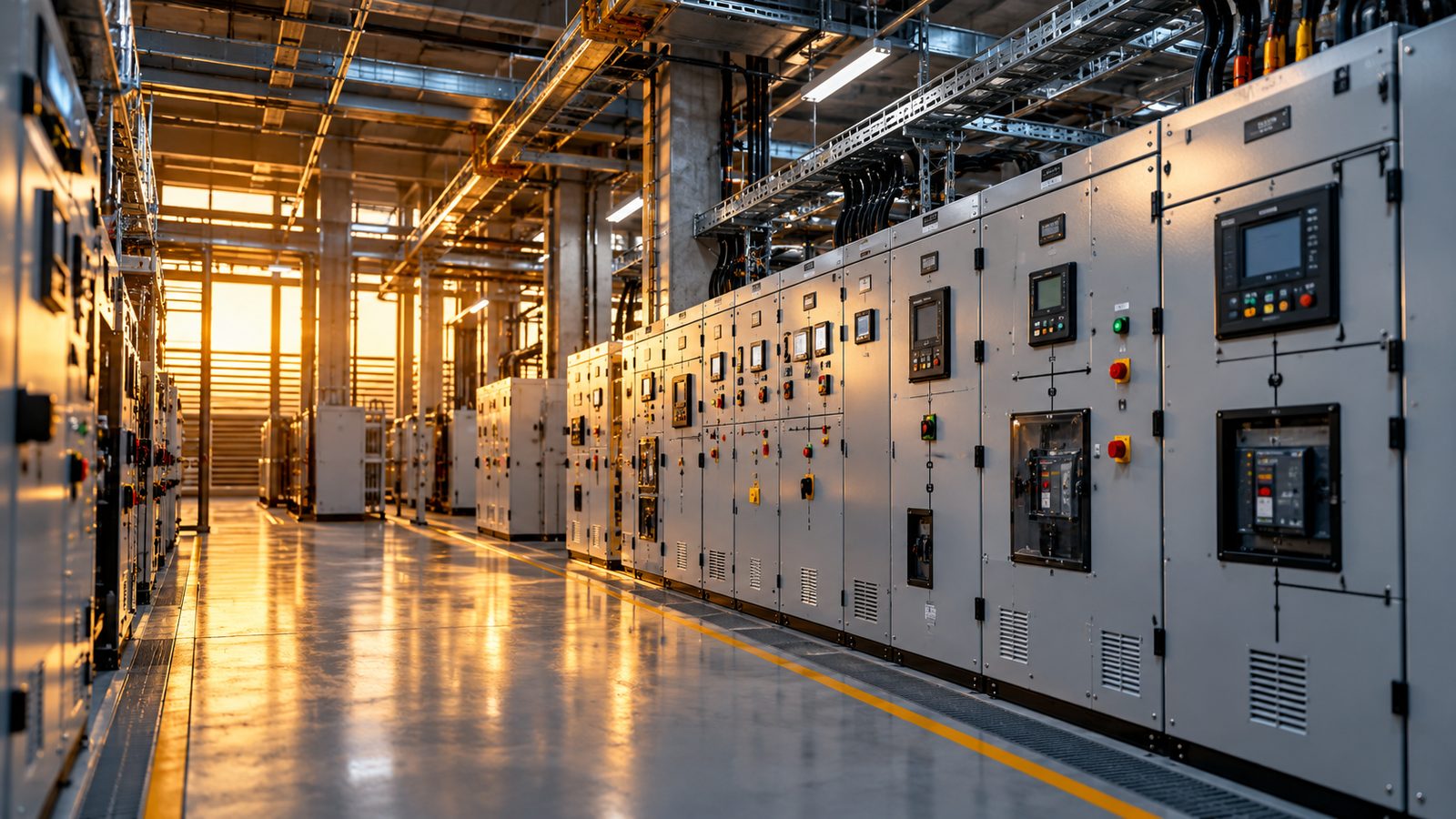 Row of industrial switchgear panels along a facility corridor